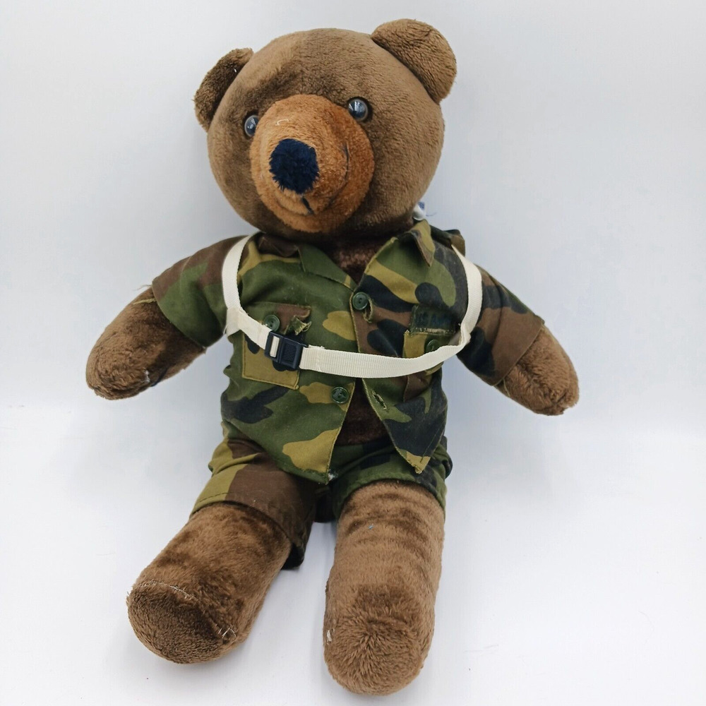 Vintage 1987‎ Stuffed Brown Army Paratrooper Bear 19", Camo Fatigues